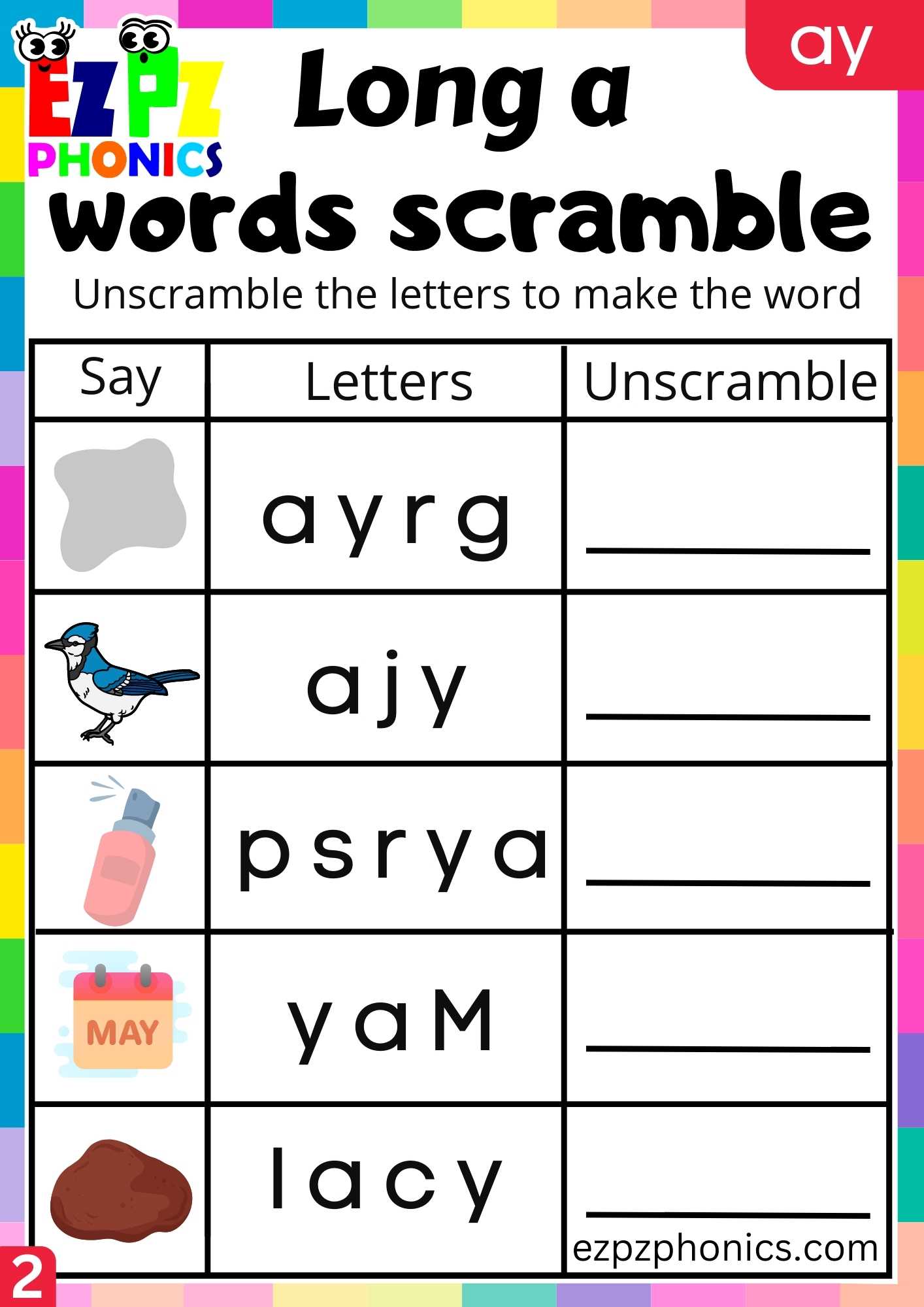 Group2 AY Words Words Scramble Long A Phonics Worksheet